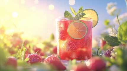 Wall Mural - A spring cocktail of strawberry lemonade with mint, garnished with lime slices and fresh berries. The background is sunny with a bokeh effect.