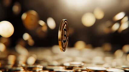 Poster - Gold bitcoin cryptocurrency is levitating over a large pile of gold coins, representing investment opportunities, financial growth, and the dynamic world of digital currency