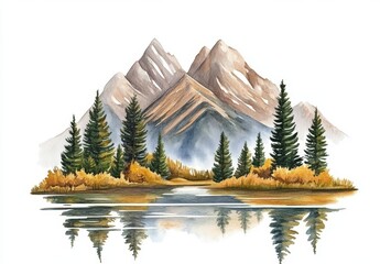 Wall Mural - A watercolor depiction of blue mountains and a river, framed by a spruce forest in a natural setting