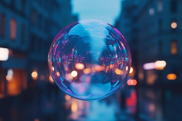 Poster - Magical Twilight Cityscape Through Prismatic Bubble With Reflections : Generative AI