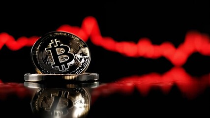 Aufkleber - Bitcoin cryptocurrency coins lying on reflective surface with red stock market chart falling down in background showing negative trend and decline in price