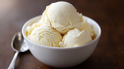 Aufkleber - Delicious Vanilla Ice Cream Scoops in White Bowl on Wooden Table : Generative AI