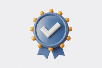 Leinwandbilder - A 3D rendered blue badge with a white checkmark, signifying approval or completion.