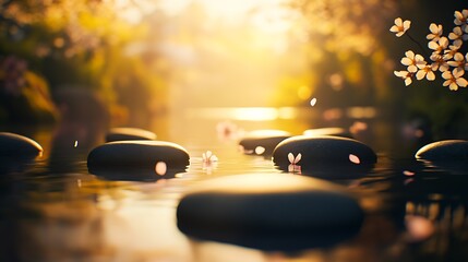 Aufkleber - Tranquil Japanese Garden Stones in Flowing Water with Cherry Blossoms at Sunset : Generative AI