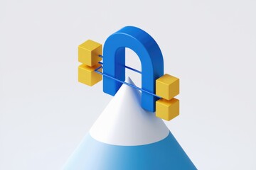 Aufkleber - Abstract 3D rendering of a blue magnet attracting yellow cubes atop a cone, symbolizing attraction or connection.