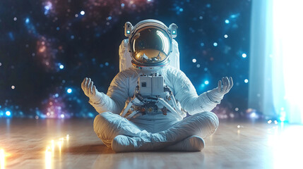 Poster - Astronaut practicing meditation in zero gravity amidst a cosmic backdrop