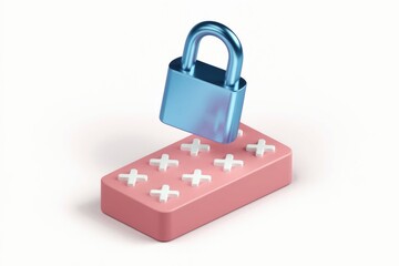Poster - A blue padlock hovers over a pink surface with white plus signs, symbolizing secure data protection.