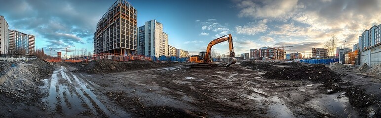 Aufkleber - Urban Expansion at Large City Construction Site with Building Skyscrapers and Cranes : Generative AI