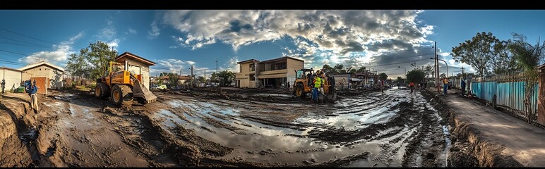 Poster - Panoramic View of Muddy Construction Site with Bulldozer and Workers Under Cloudy Sky : Generative AI