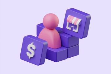 Poster - 3D illustration of a person, dollar sign, and shop, symbolizing online business and e-commerce.