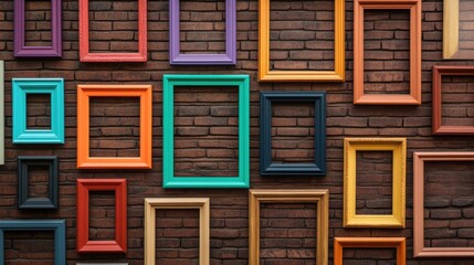 Poster - A brightly colored window frame standing out on a brick wall filled with neutral frames