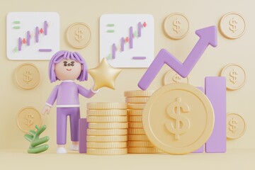 Poster - 3D illustration of a girl celebrating financial growth with stacks of coins and upward trending graph.