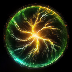 Wall Mural - abstract green yellow lightning circle on black backdrop. magic round shape. dark scene.