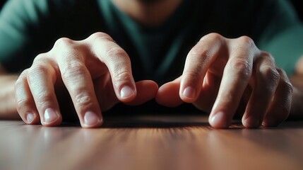 Aufkleber - A close-up of fingers nervously tapping on a table, showing hesitation and anxiety