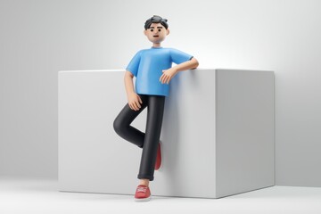 Poster - A 3D cartoon man in a blue shirt and black pants leans casually against a white cube.