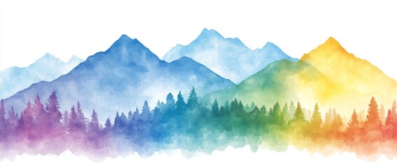 An abstract watercolor painting featuring a vibrant rainbow palette, depicting beautiful mountains and a minimalistic mountain peak landscape panorama, set against a white background