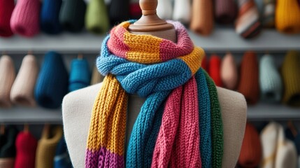 Poster - A colorful hand-knitted scarf on a mannequin surrounded by standard factory-made scarves