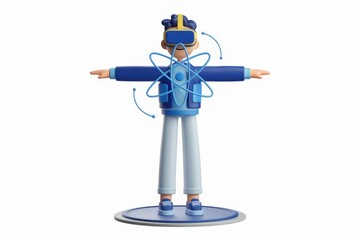 Poster - A 3D cartoon man wearing a VR headset interacts with a virtual atom, exploring the metaverse.