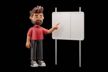 Poster - A 3D cartoon man presents information on a whiteboard, explaining a concept or idea.
