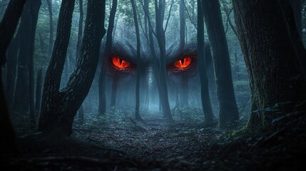 Aufkleber - A dark forest with glowing red eyes peering out from the shadows, symbolizing primal fear