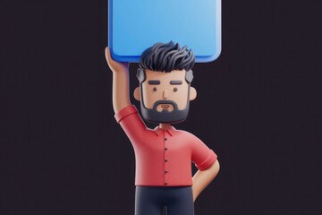 Poster - A 3D cartoon man with a beard holds a large blue rectangle above his head.