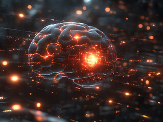 Poster - Stunning 3D render of a glowing brain, signifying intelligence, AI, and neural networks.  Perfect for technology, science, and medical concepts.