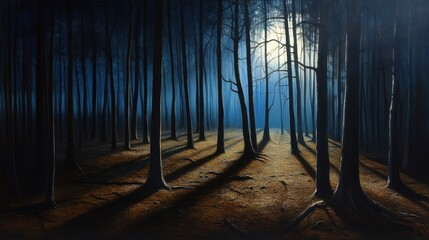 Aufkleber - A forest at twilight with shadows stretching ominously, creating an atmosphere of unease