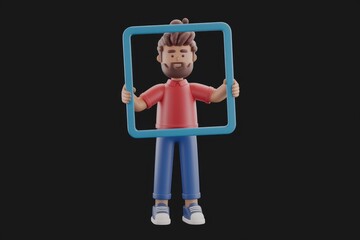 Aufkleber - A 3D cartoon man with a beard holds a blue square frame.