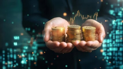 Poster - Businessman presenting growing stacks of bitcoins with upward trending stock market chart, symbolizing successful investment in cryptocurrency and financial growth