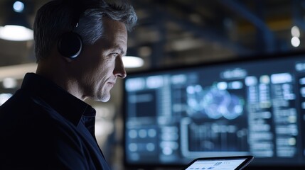 Aufkleber - network engineer wearing headphones working with computer and tablet analyzing displayed program cod