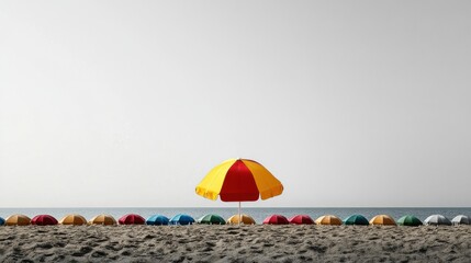 Poster - A lone colorful beach umbrella in a line of monochrome umbrellas along the shore