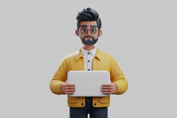 Poster - A 3D cartoon man with glasses holds a blank tablet, conveying a message.