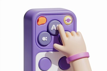 Aufkleber - A 3D rendered cartoon hand presses the 'A' button on a purple remote control.