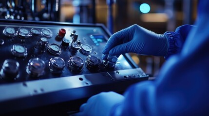 Poster - Engineer wearing blue gloves and protective suit operates an industrial control panel, adjusting knobs and monitoring pressure gauges in a technological environment