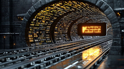Poster - Futuristic digital tunnel with glowing code and a digital display.  Concept art ideal for technology, data, AI, or transportation themes. Use in websites, presentations, or scifi projects.