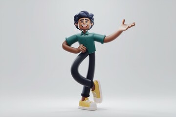Poster - A happy 3D cartoon man with dark hair, wearing a teal shirt and yellow shoes, is invitingly gesturing with an open hand.