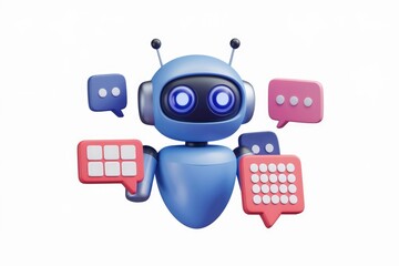 Poster - A friendly blue robot surrounded by various communication bubbles, symbolizing AI assistance and interaction.