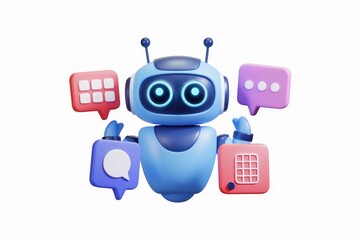 Poster - A friendly blue robot holding various social media icons, symbolizing AI and communication.