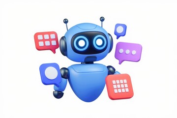 Aufkleber - A cute blue robot interacts with various colorful communication bubbles, symbolizing AI and digital communication.