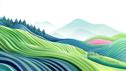 Wall Mural - A painted background of a watercolor illustration shows an abstract, colorful shape on a mountain peak, surrounded by a landscape of trees