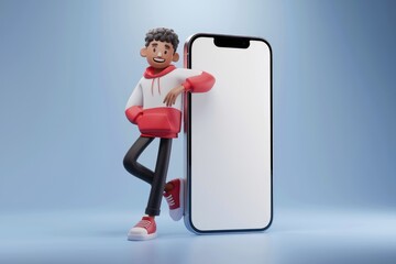 Poster - A 3D cartoon boy casually leans against a large smartphone, showcasing modern technology and youthful style.