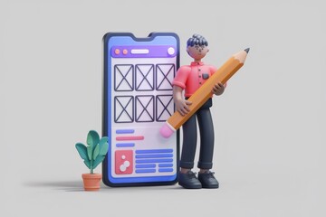 Poster - 3D illustration of a person designing a website on a smartphone using a large pencil.