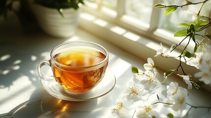 Poster - Steaming Glass Cup of Tea with Flowers in Cozy Sunlit Interior Decor : Generative AI