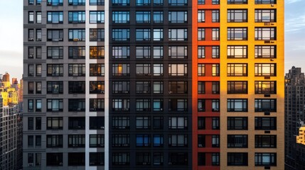 Aufkleber - A skyscraper with bold, colorful windows in a city skyline of neutral buildings