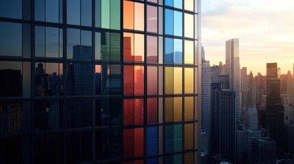 Aufkleber - A skyscraper with bold, colorful windows in a city skyline of neutral buildings