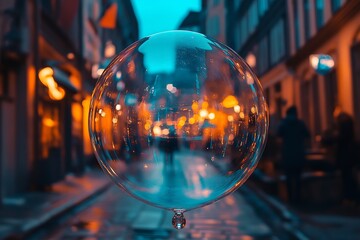Poster - Clear Bubble in a Warmly Lit Narrow Street with Evening Glow : Generative AI