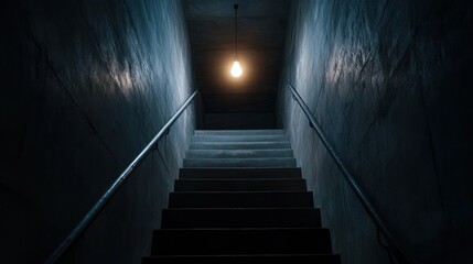 Poster - A staircase leading downward into complete darkness, with a single light bulb flickering