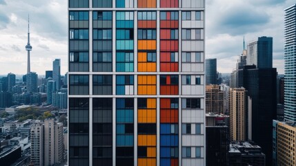 Aufkleber - A skyscraper with bold, colorful windows in a city skyline of neutral buildings