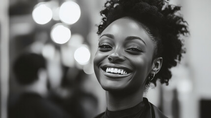 Wall Mural - Smiling woman with curly hair in monochrome, bright smile captures joyful emotions, showcasing beauty and confidence in a lively atmosphere