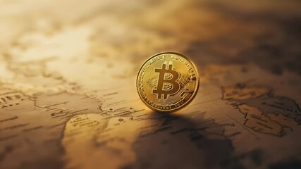 Poster - Gleaming golden bitcoin resting on an antique world map, illuminated by warm light, symbolizes the global reach and transformative impact of cryptocurrency on finance